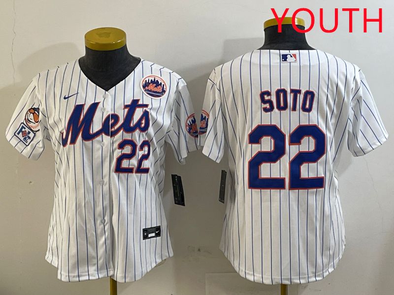 Youth New York Mets 22 Soto White Stirpe Game 2025 Nike MLB Jersey style 3